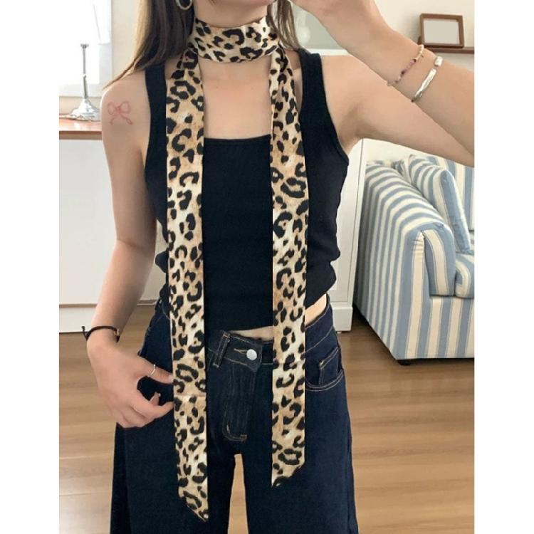 Leopard Pattern Long Neckerchief Skinny Scarf Necktie Handbag Wrap Handle Satins Belt for Wmen Bag Handle Accessory