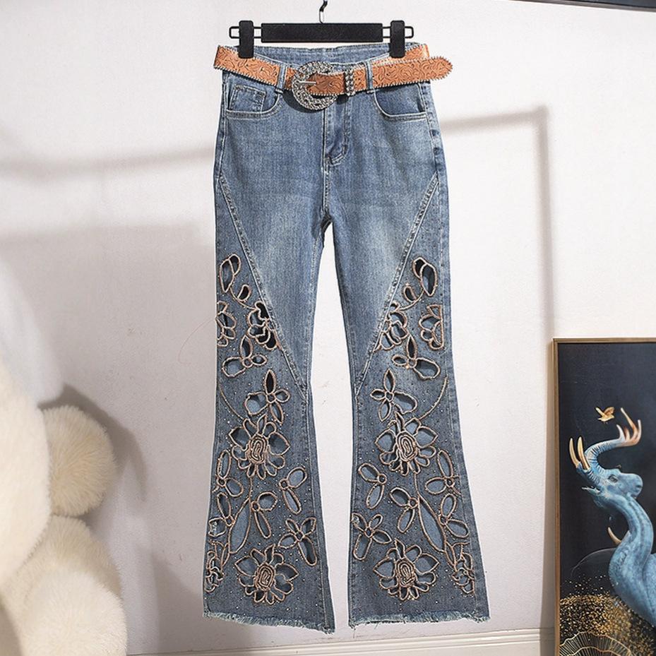 Europe, America Summer New Fashion Heavy Industry Hot Diamond Hollow Embroidered Jeans Femininity Thin Versatile Nine Points Slightly Pull