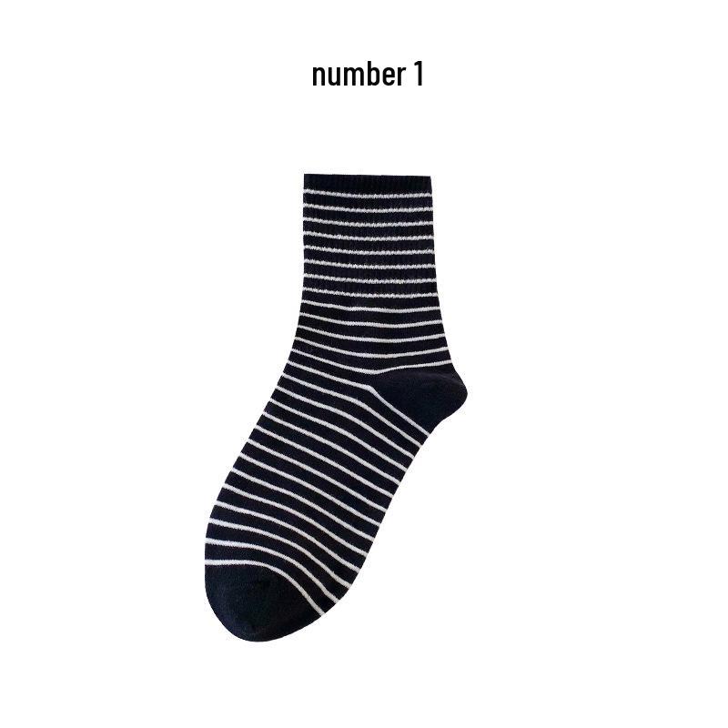 

Женские черно-белые полосатые хлопковые носки до середины икры - Весенне-летний корейский колледж-стиль One Size