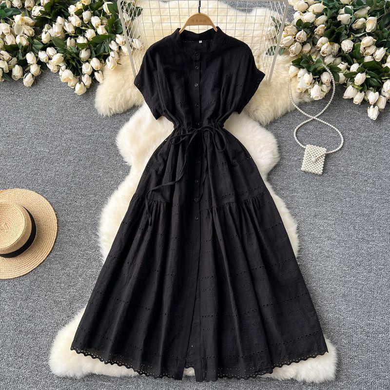 

Французский стиль Нежное Стильное Платье с кулиской на талии, круглым вырезом, короткими рукавами, однобортной застежкой, вырезом, вышивкой, приталенное, элегантное Black XL