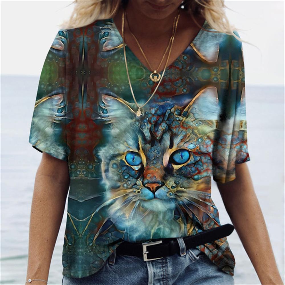 Summer Funny Cute Cat 3D Printed Women's T-Shirts Casual V-neck Short Sleeve Tops Fashion Loose Ladies Clothing SStreet Girl Tees