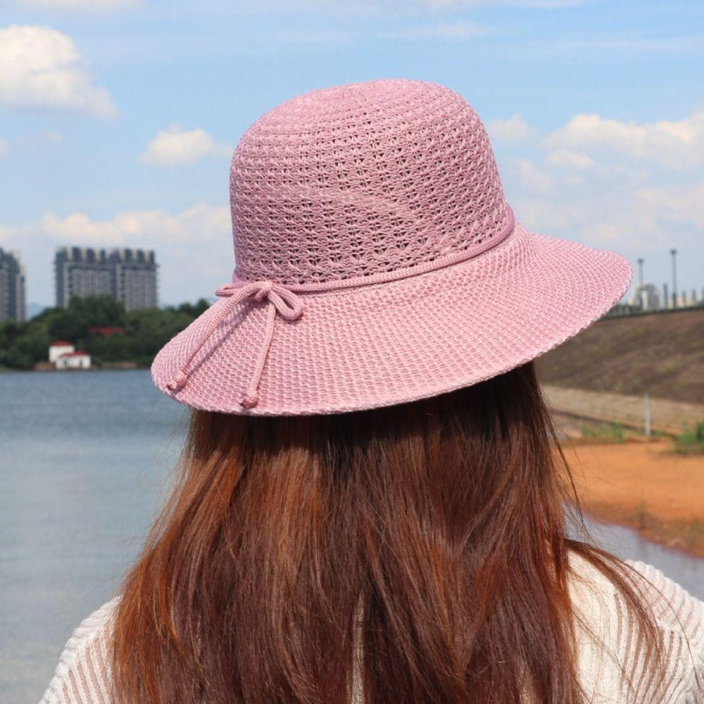 

Summer UV Protect Bucket Hat Lace Bow Travel Beach Hat New Sunshade Cap