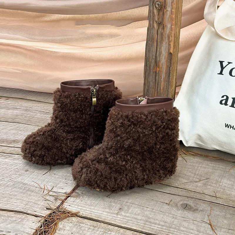 

Корейские Девочки Зимние Сапоги 2024 Зима Новые Детские Хлопковые Ботинки Теплые Полусапожки Плюшевые Детские Меховые Ботинки для Девочек botas para niñas 30-Insole18.5cm коричневый