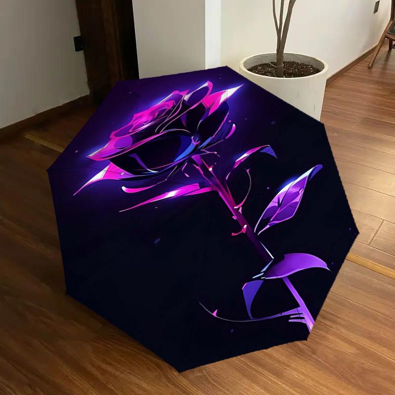 

Neon Purple Rose Automatic Opening Folding Umbrella with 8-Bone Iron Frame - Portable for Fans, Travelers, Everyday Use, and Festive Gifts11