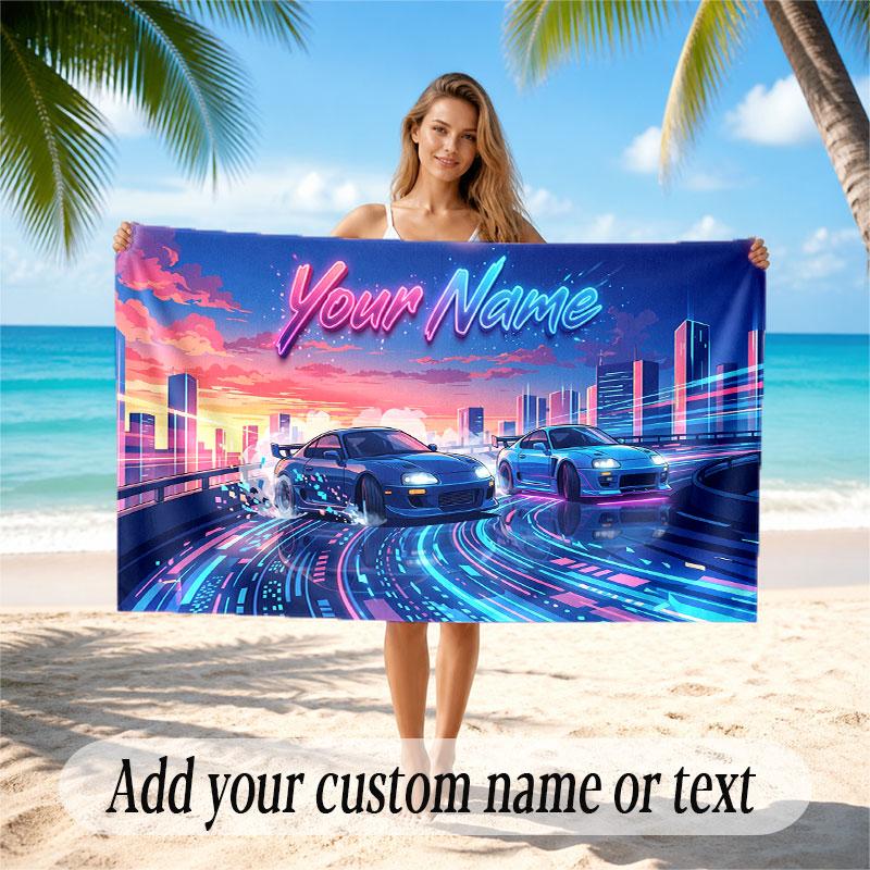 City Cyberpunk Theme Soft Beach Towel Personalized Custom Name Text Towel Portable for Beach Pool Travel