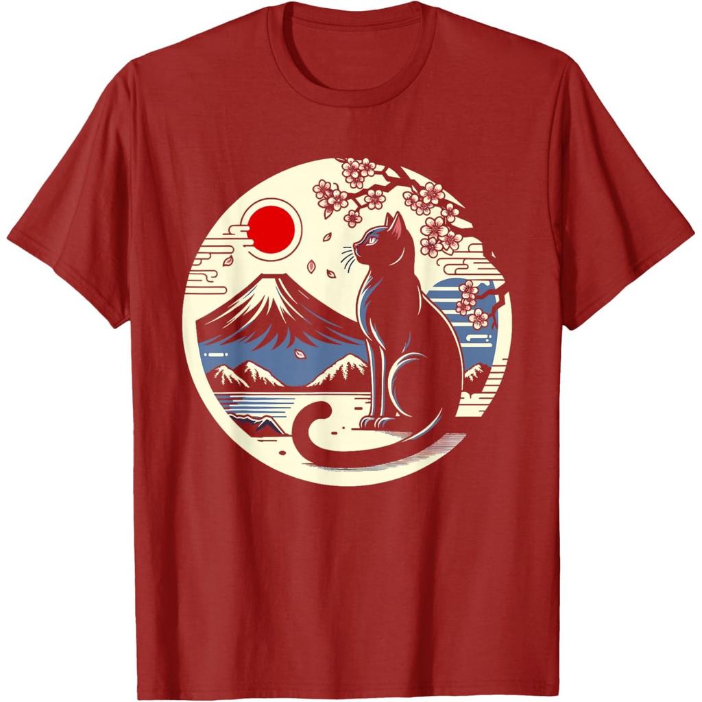 Black Cat Japanese Mount Fuji Graphic T-Shirt Breathable Cotton Retro Style Tee for Men