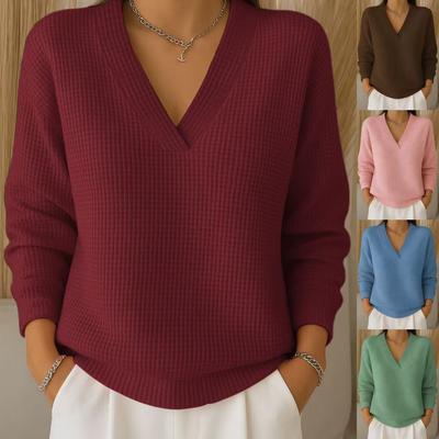 Autumn New Women's Casual Loose Fashion Solid Color Waffle Long-sleeved Pullover Top
