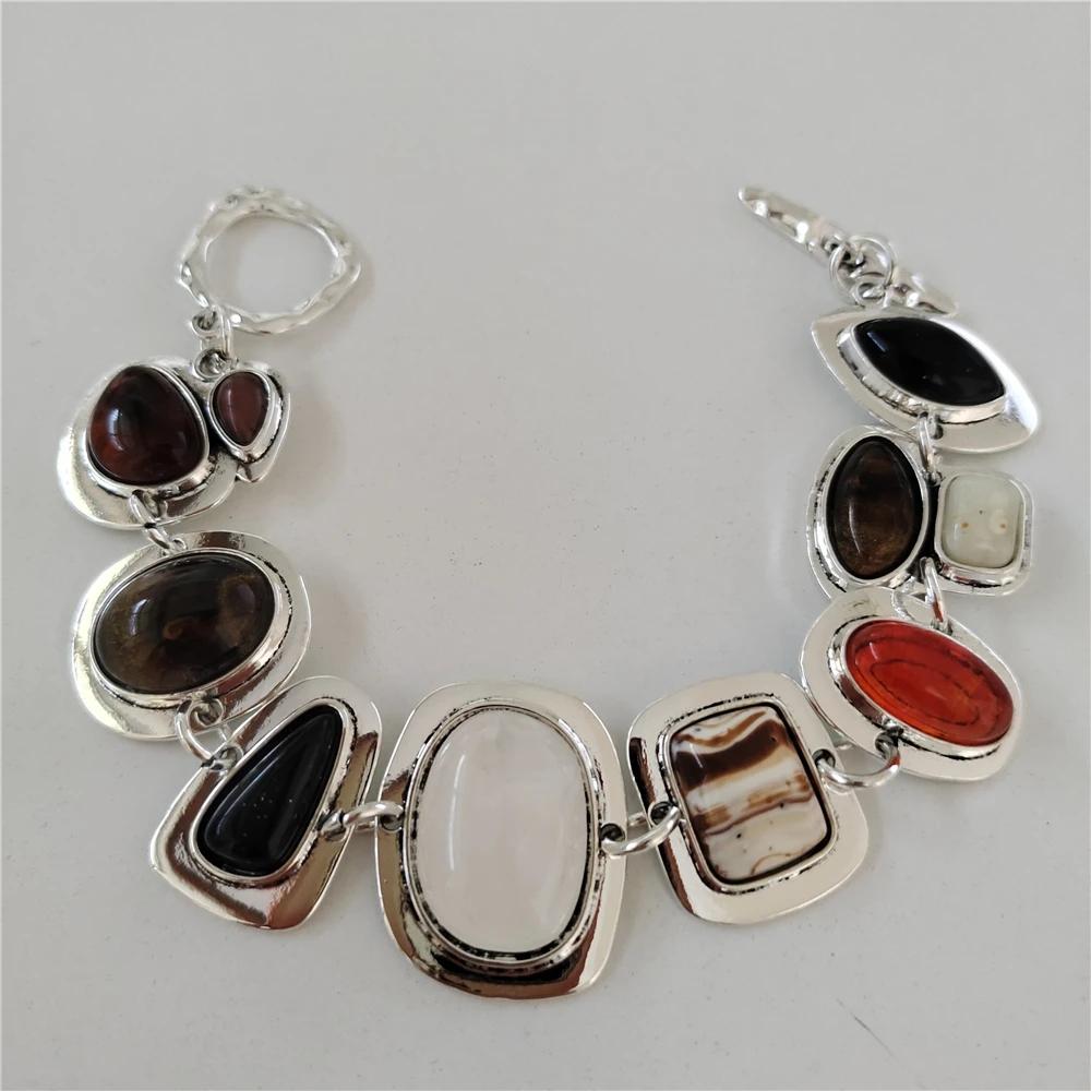 Boho Ethnic Style Vintage Resin Stone Charm Bracelets for Women Personality Punk Metal Gold Plated Irregular Bracelet Jewelry