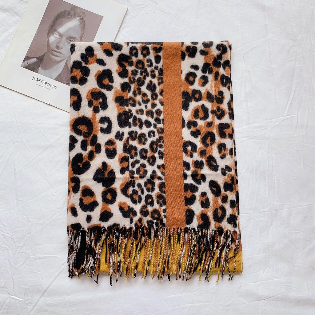 2024 Autumn And Winter New Mid To Long Soft Imitation Cashmere Versatile Leopard Print Patchwork Scarf Shawl For Women