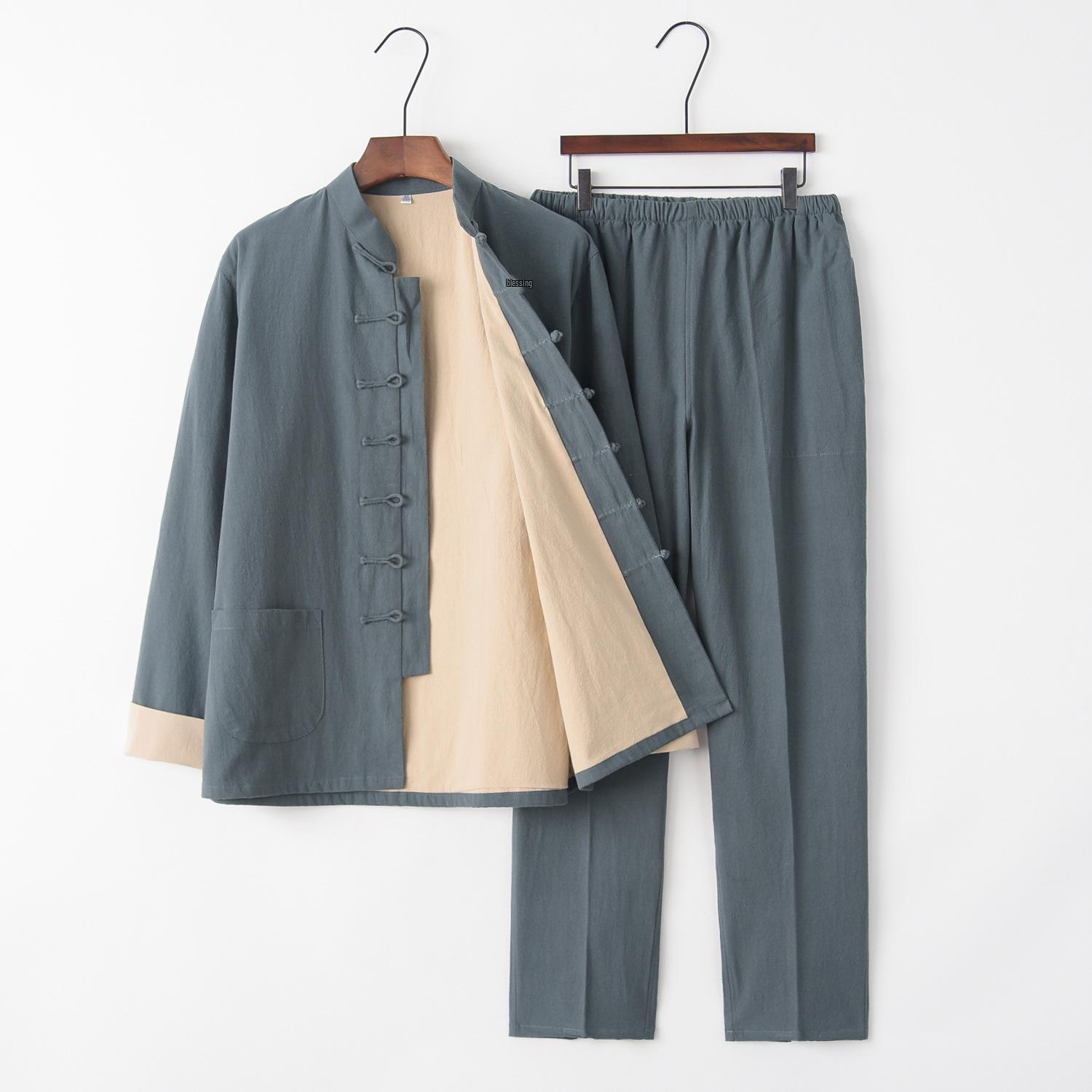 

Мужской двухслойный костюм Тан из хлопка и льна для осени/зимы: Дзен-медитация и одежда для чая XL