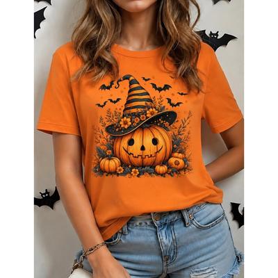 Moda Kadın Retro Yaratıcı Balkabağı Kafası Baskılı Tişört Komik Günlük O-Yaka Kısa Kollu Tişört Yazlık Kadın Tişört Cadılar Bayramı Sınırlı Üretim