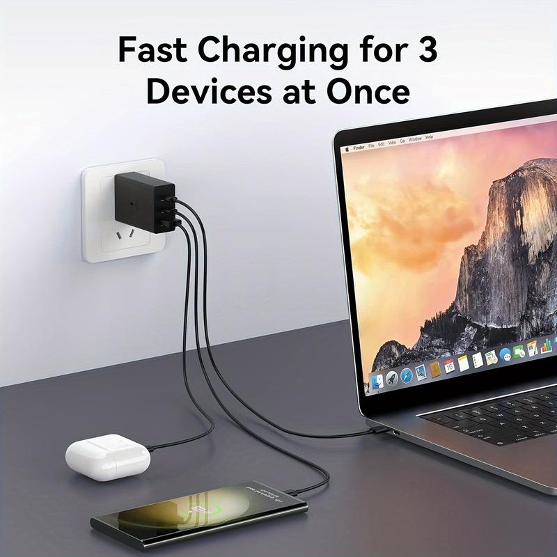 For Laptop Charger , 65W GaN 3 Port USB C Power Adapter With Type C Charging Block For IPhone16/15/14/13, MacBook, IPad, Galaxy