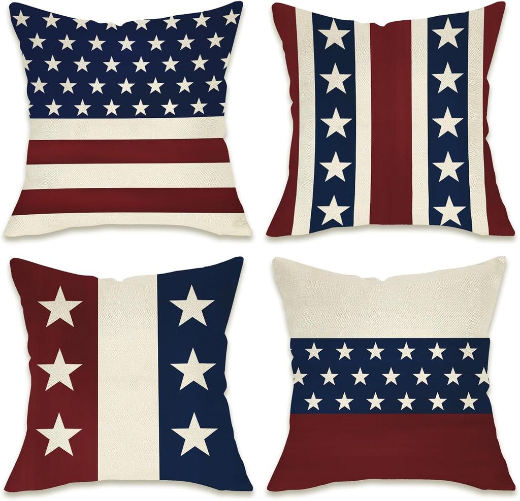 4Th Of July Patriotic Decorative Throw Pillow Covers Set Of 4, America Usa Red White Blue Stripes Stars Porch Outdoor Pillowcase