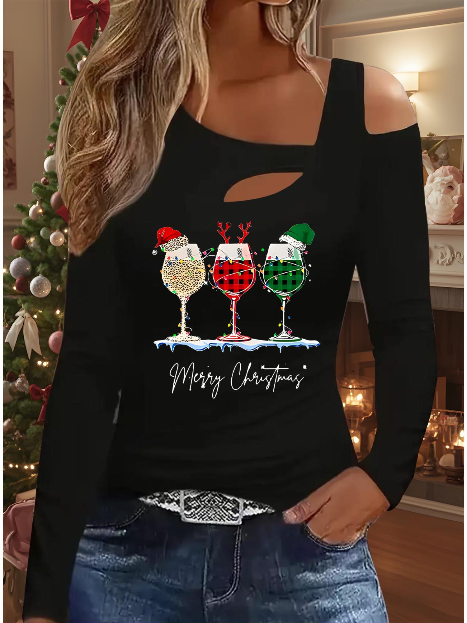 

Осень и Зима Женский Новый Повседневный Топ с Длинным Рукавом Рождественский Узор Идеальный Подарок на Хэллоуин Рождество Футболка S