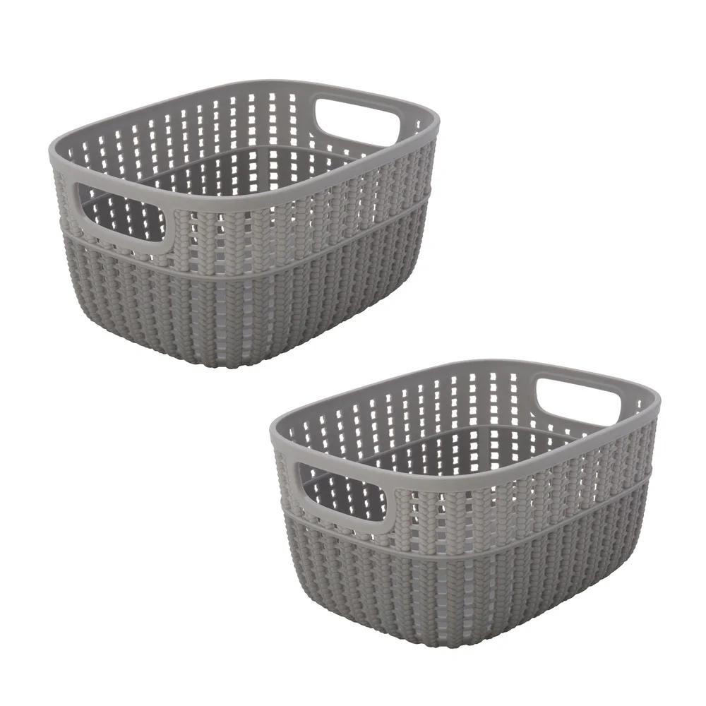 2 Pack Decorative Plastic Storage Baskets Portable Lightweight with Handles Home Office Toy Magazine Closet Organization