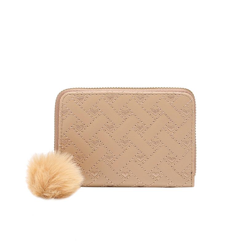 Ladies' Heart-shaped Embroidered Short Coin Purse, Fresh and Clean Fluffy Ball Pendant, Versatile Small Card Bag