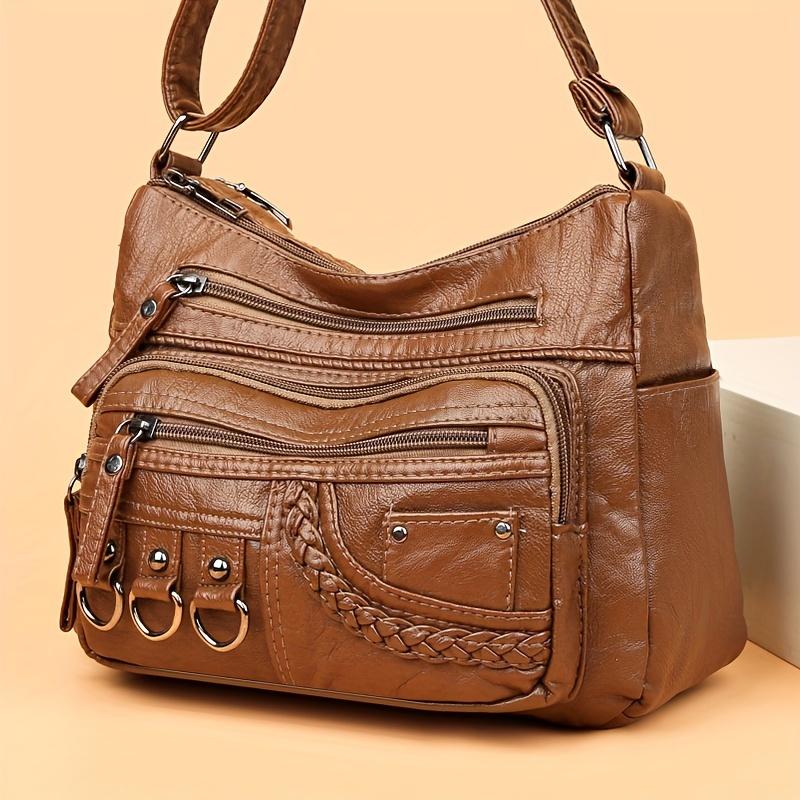 Women'S Large Capacity Soft Leather Shoulder Bag Casual Crossbody Purse With Random Floral Embellishments Multiple Pockets Braided Accents