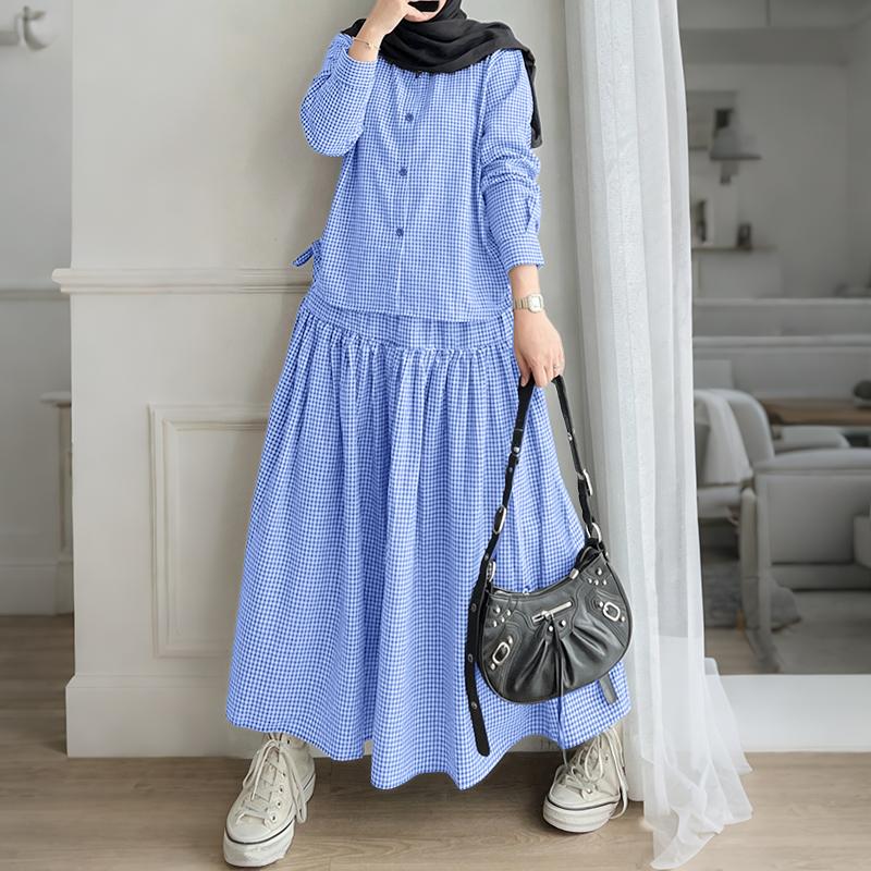 ZANZEA Women Long Sleeve Blouse and Long Skirts Plaid Print Two Piece Suit Sets