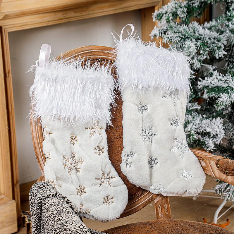 Luxurious Soft Plush Christmas Stockings Featuring Beautiful Gold And Silver Snowflake Designs
