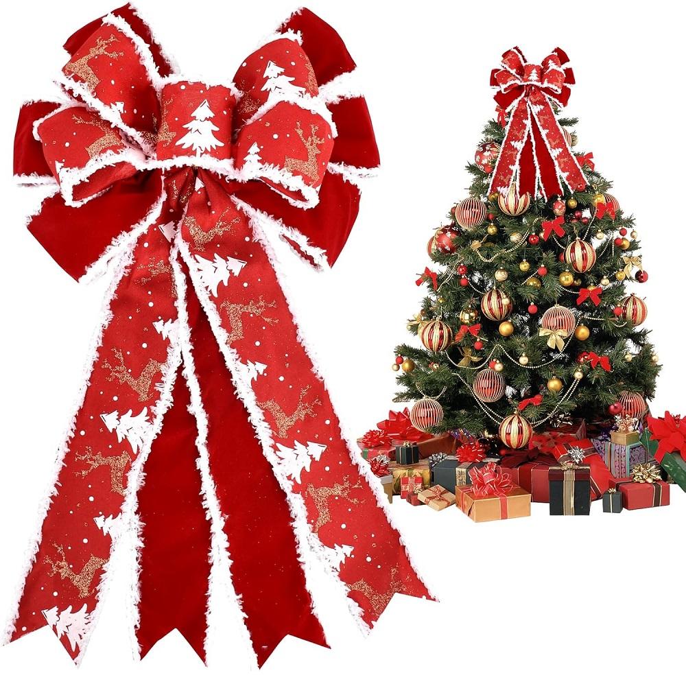 1pc Wired Red Christmas Bow with Snowflake Christmas Decoration for Tree Topper and Front Door, Gift Wrapping Accessories