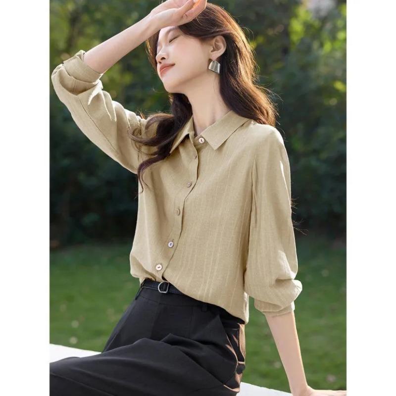 Women Casual Khaki Button Up Shirt Lantern Sleeve Office Top