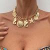 Holiday Style Exaggerated Starfish Scallop Shell Pendant Necklace, Beach Marine Metal Collarbone Necklace