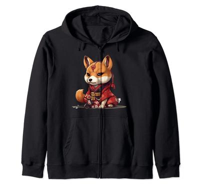 Sudadera con capucha con cremallera de Yukata Samurai Shiba Inu Perro Japonés