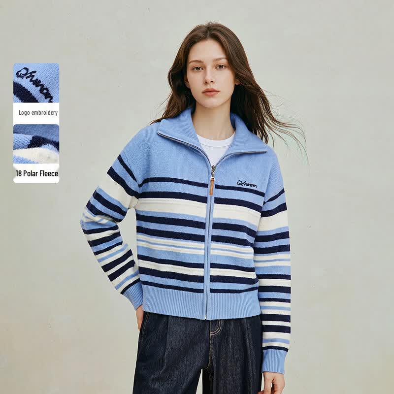 INMAN Women s Colorblock Striped Zipper Cardigan Sweater S