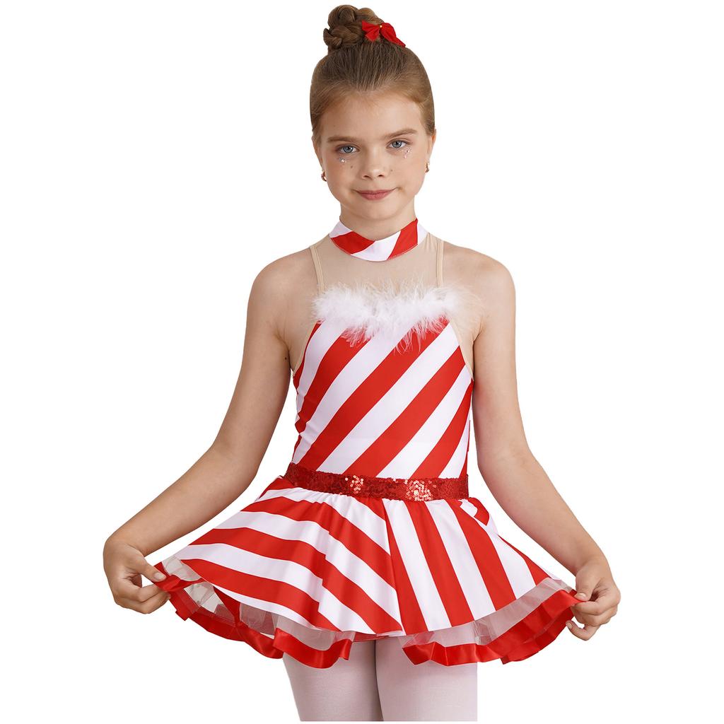 Girls Christmas Costume Sleeveless Mock Neck Keyhole Back Mesh Patchwork Stripes Print Dress