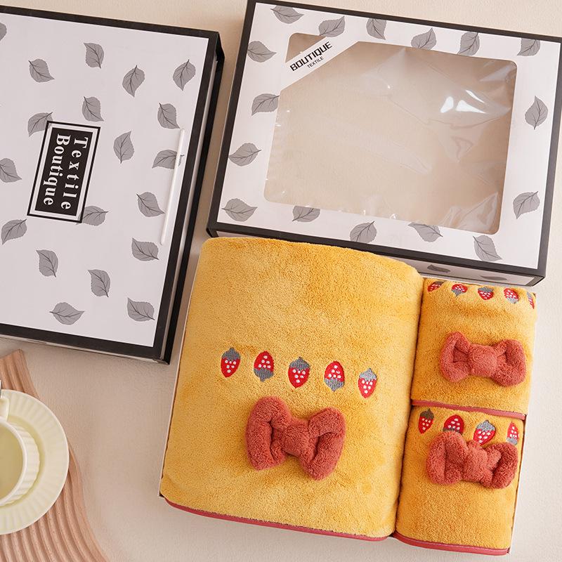 Strawberry Embroidered Bowknot Bath Towels - Coral Fleece Gift Set
