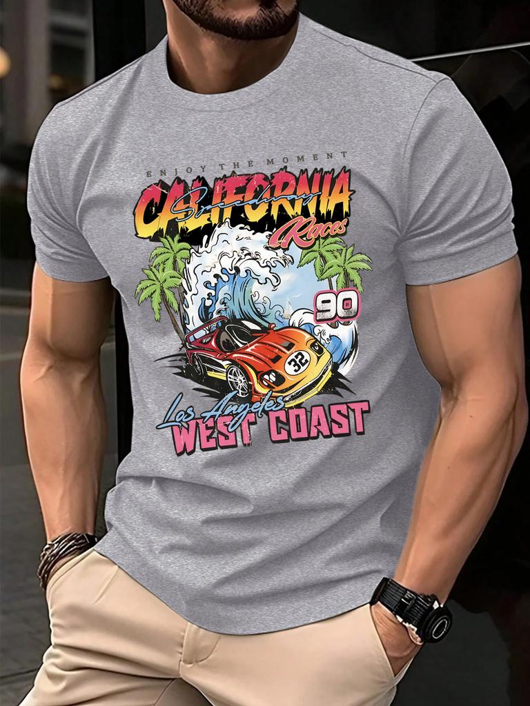 California West Coast Print Mens T Shirts Hip Hop AllMatch Tops Casual Cotton Vintage Clothes Male Loose Crewneck Streetwear