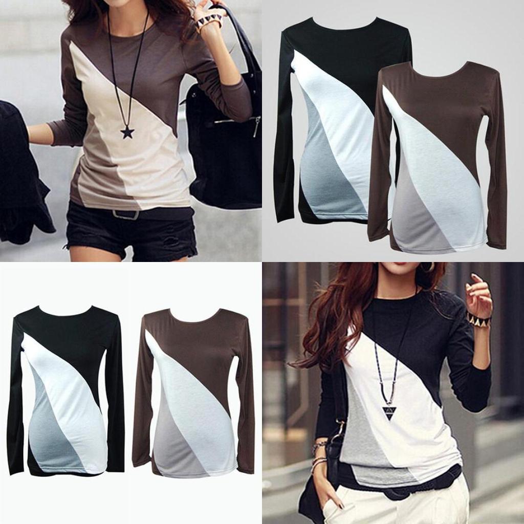 Korean Women Fashion Style Autumn Slim Fit Color Block Blouse Long Shirt Sleeve