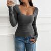 Women's Solid Casual Slim Fit Threaded U Neck Lace Long Sleeve T-Shirt
