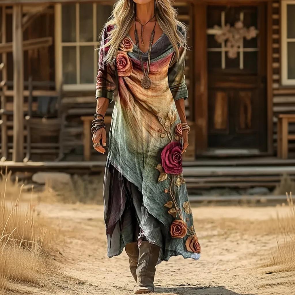 Women's Vintage Ethnic Floral Print Long Sleeve Dress Bohemian Vacation Beach Maxi Dress with V Neck and Relaxed Fit
