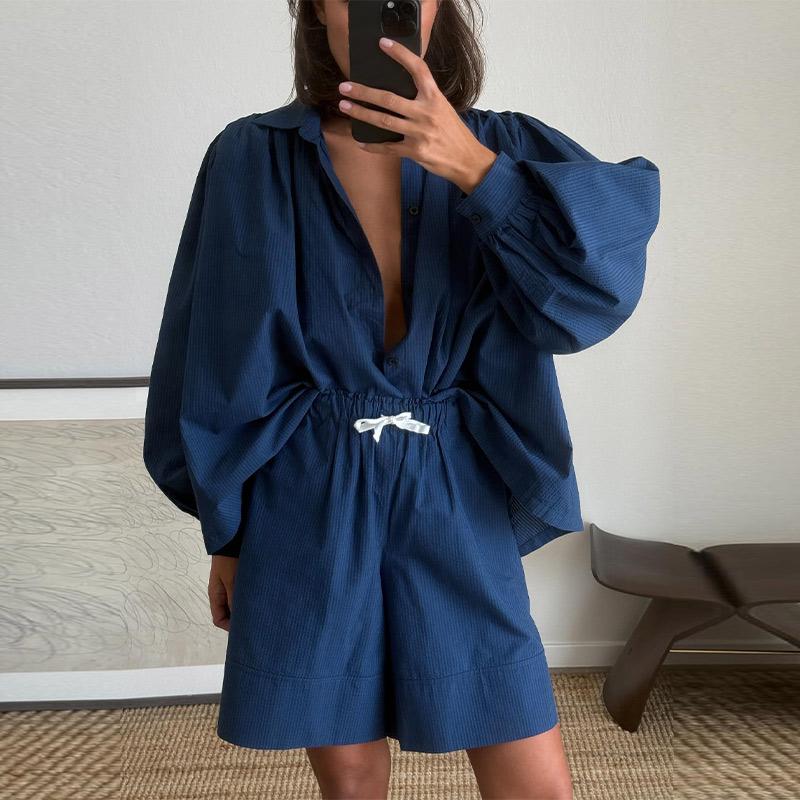 Women's Long Sleeved Shirt Shorts Set Summer New Style Casual Loose Fit Solid Color Versatile Daily Commuting Style Women's Loose Clothing Set