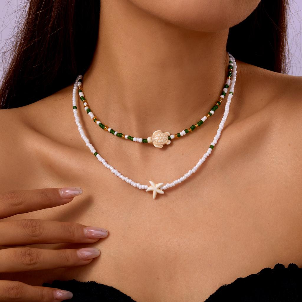 Bohemian Doppelperlen Seestern Schildkröte Anhänger Halskette für Frauen Bunte Samenperlen Schlüsselbein Kette Choker Strandparty Schmuck