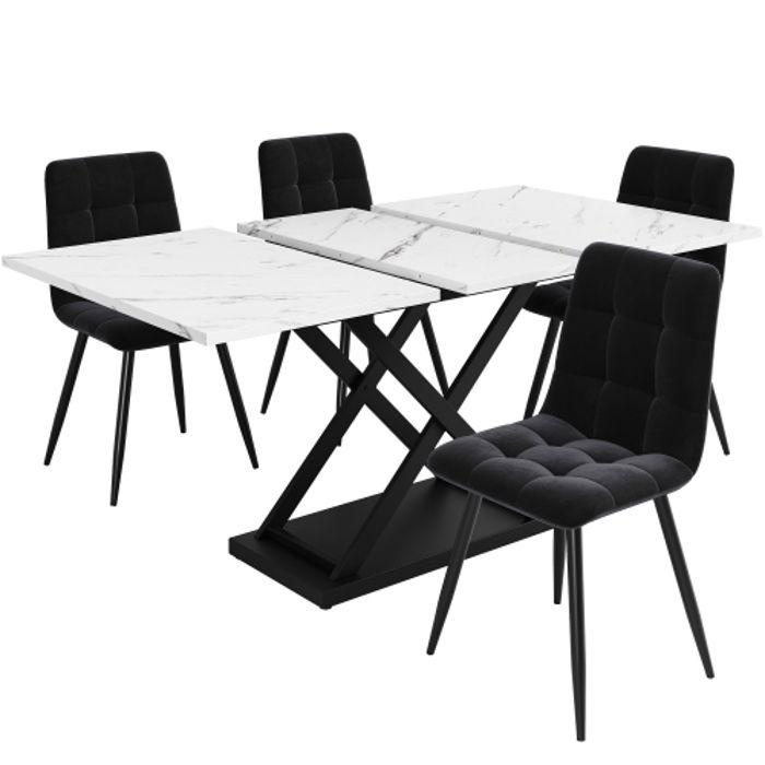 Ensemble de salle à manger - MUVOE - 5 pièces - Table rectangulaire blanche - 4 chaises noires - 6 places