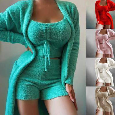 Conjunto feminino curto e crop top fofo com capuz coral plush casaco shorts ternos agasalho casual calças esportivas macacões moletons roupas esportivas roupas de veludo