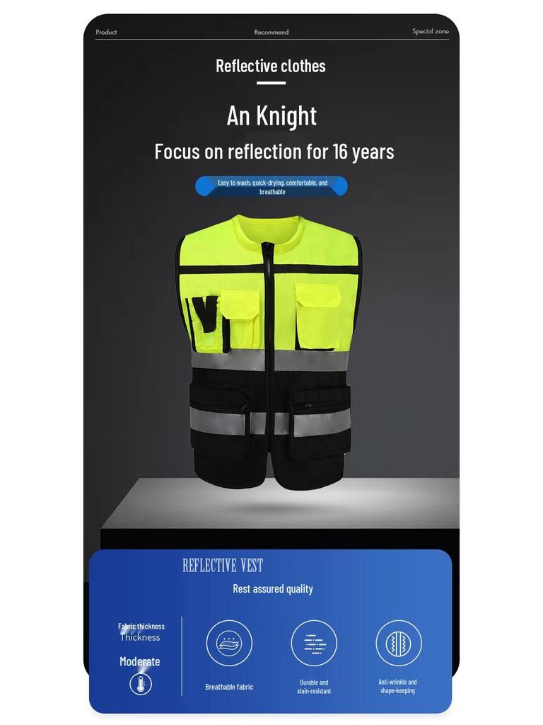 High-Visibility Multi-Pocket Reflective Vest - Color Block, Stand-Up Collar for Traffic Safety