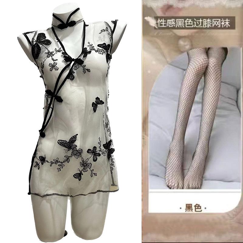Sex underwear women's sexy perspective nightgown seduction retro hollow butterfly embroidered cheongsam uniform