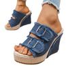 New large-size slope heel denim belt buckle one-pedal cool slippers spring and summer outer thick-soled slippers
