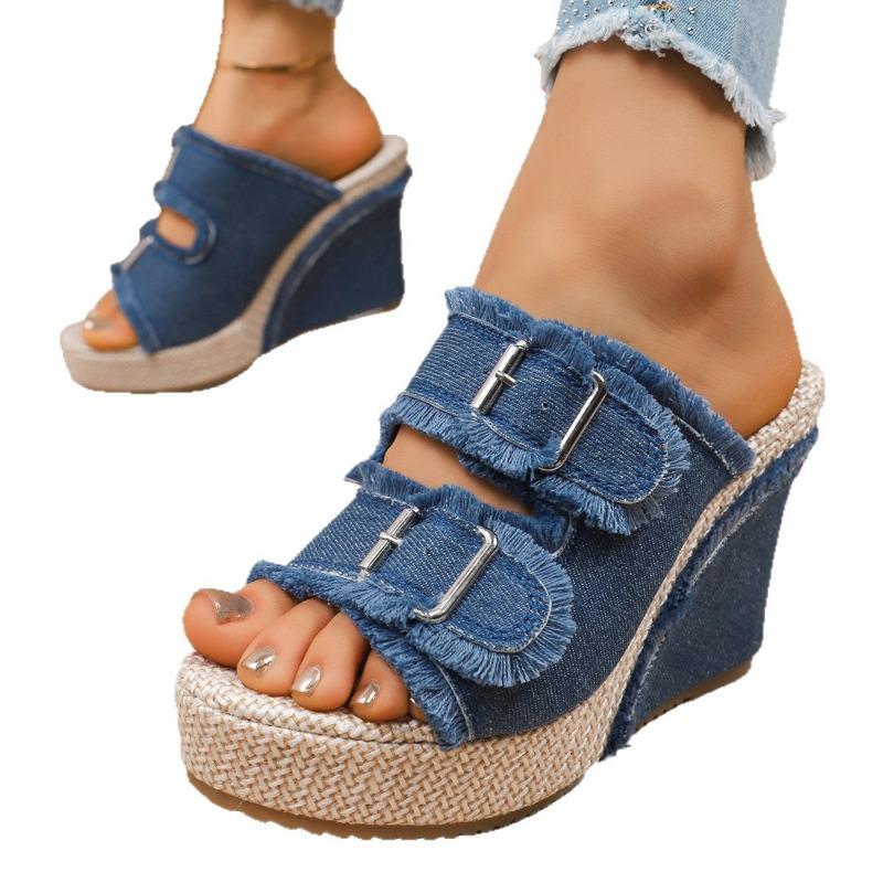 New large-size slope heel denim belt buckle one-pedal cool slippers spring and summer outer thick-soled slippers