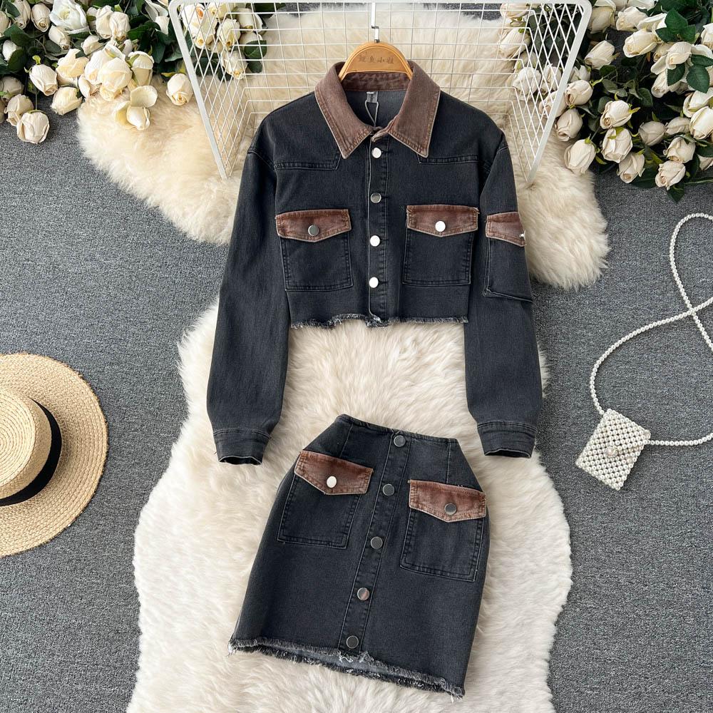 

Контрастный двухпредметный костюм Женский осенний джинсовый короткий пиджак Юбка с высокой талией и накладными карманами L чёрный