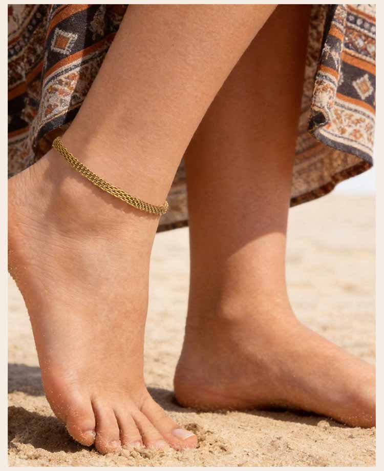 Waterproof Mesh Chain Anklet18k Gold Plated Tarnish Free Flat Mesh Link Women's Anklet Bracelet Summer Foot Accessories