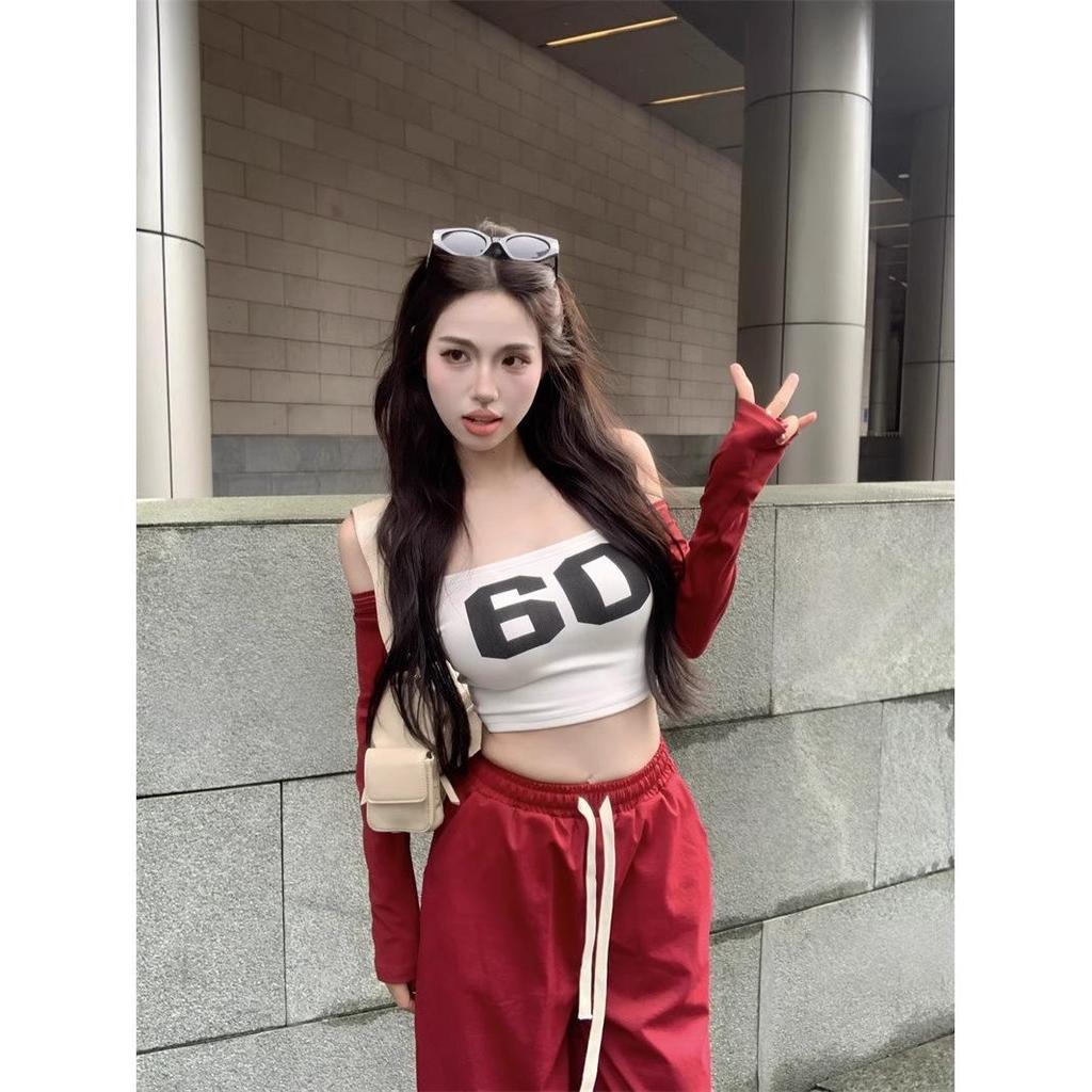 American Style Off-Shoulder Long-Sleeve Red Crop Top for Women - Autumn/Winter Fashionable Inner Wear