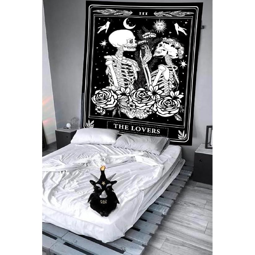Onivein The Lovers Skull Tapestry Gothic Tapestry Vertical Black and White Skeleton Gothic Witch Sun Moon Floral Plant Snake Tapestries Wall Hanging