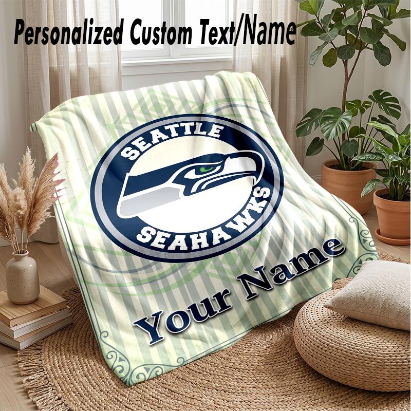 Seattle Seahawks Custom Flannel Throw Blanket Print Your Name Text Soft Warm Blanket Holiday Present