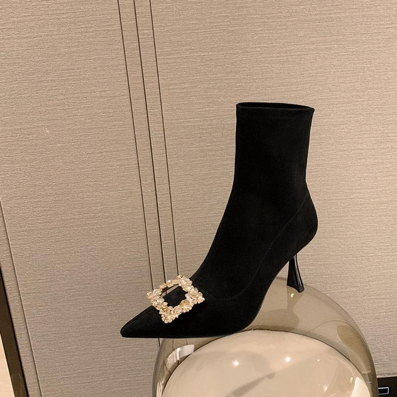 Pointed square buckle elastic thin boots 25 suede bling sparkling rhinestone thin high-heeled short boots