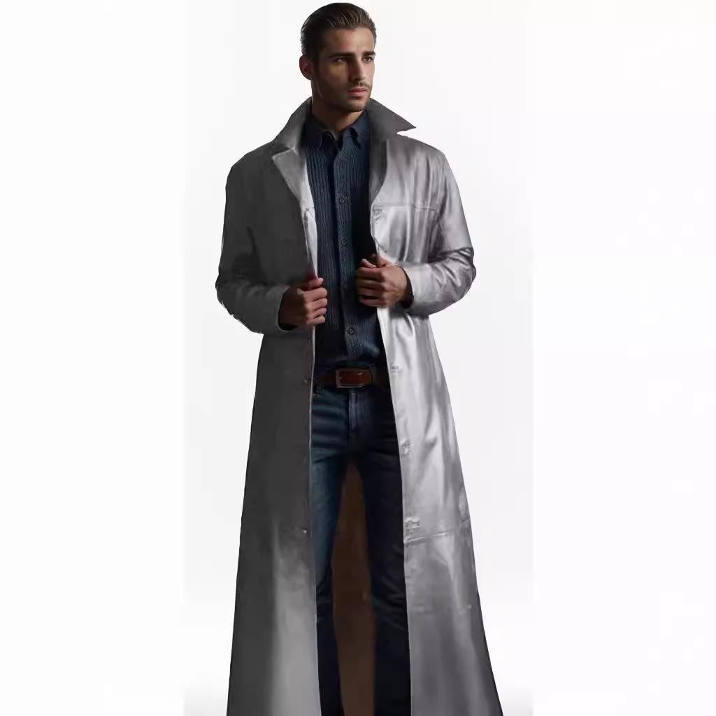 New Spring Commuter Men's Leather Jacket Extended Fashion Suit Collar Casual PU Leather Jacket Over Knee Leather Jacket