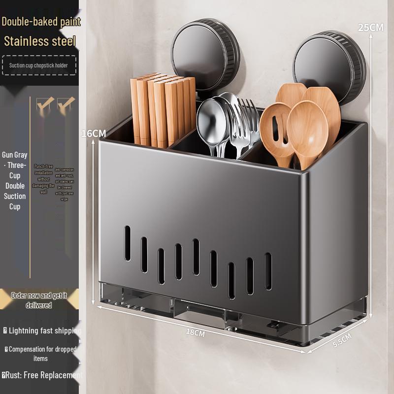 Wall-Mounted Stainless Steel Chopstick and Utensil Holder with Suction Cup